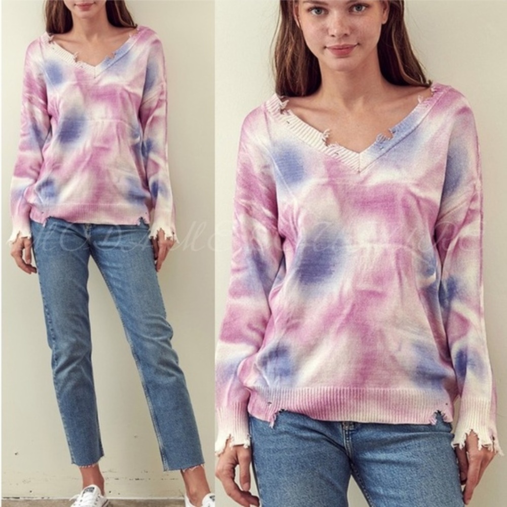 CASUAL DOLLZ  Tie Dye Sweater Top - Pink Purple - Picture 7 of 9